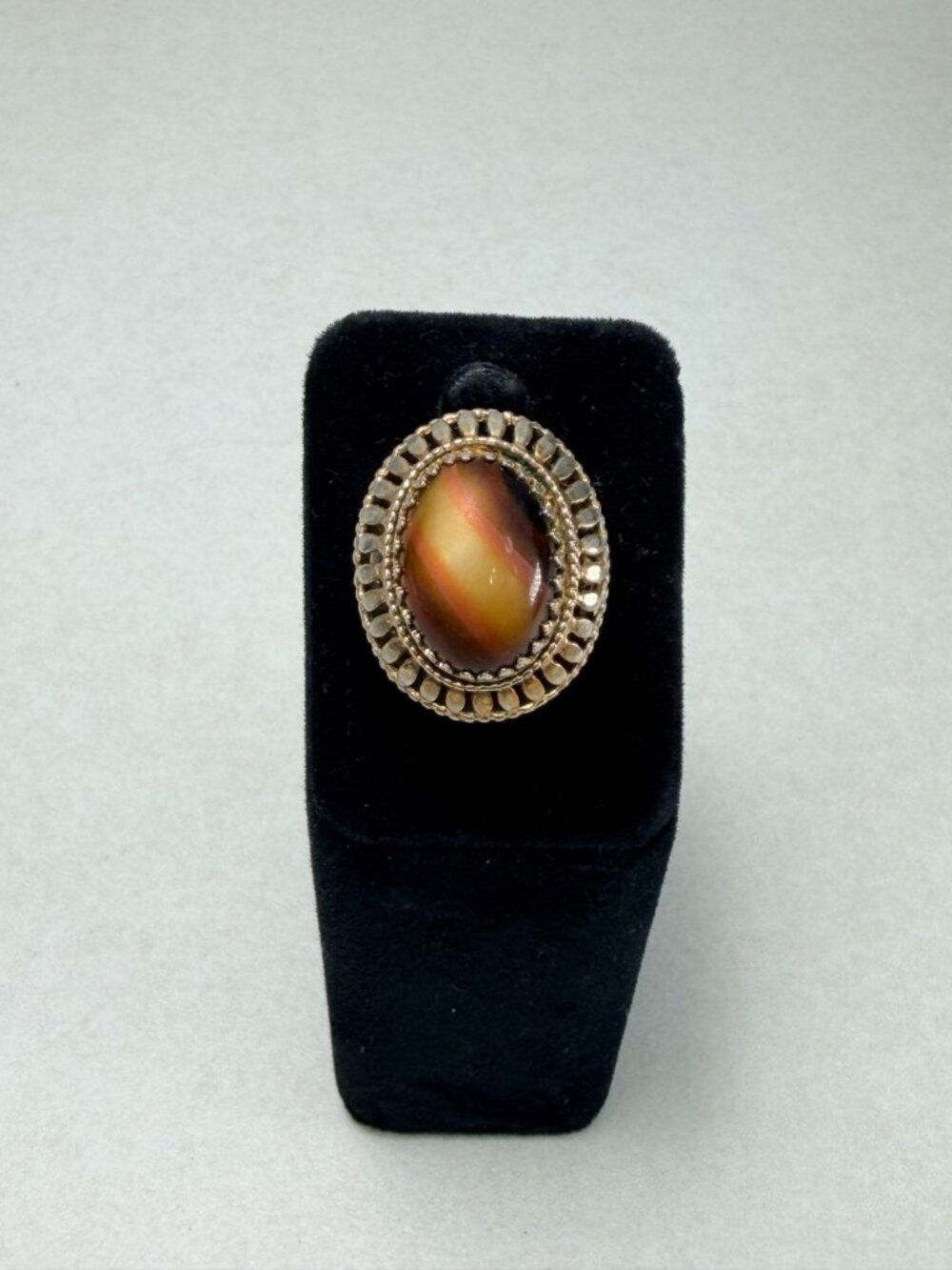 Vintage Whiting & Davis Carnelian Agate Silver Tone Over Brass Ring Adjustable